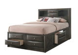Emily Gray Finish Classic Wood King Bookcase Storage Upholstered Platform Bed - Ella Furniture