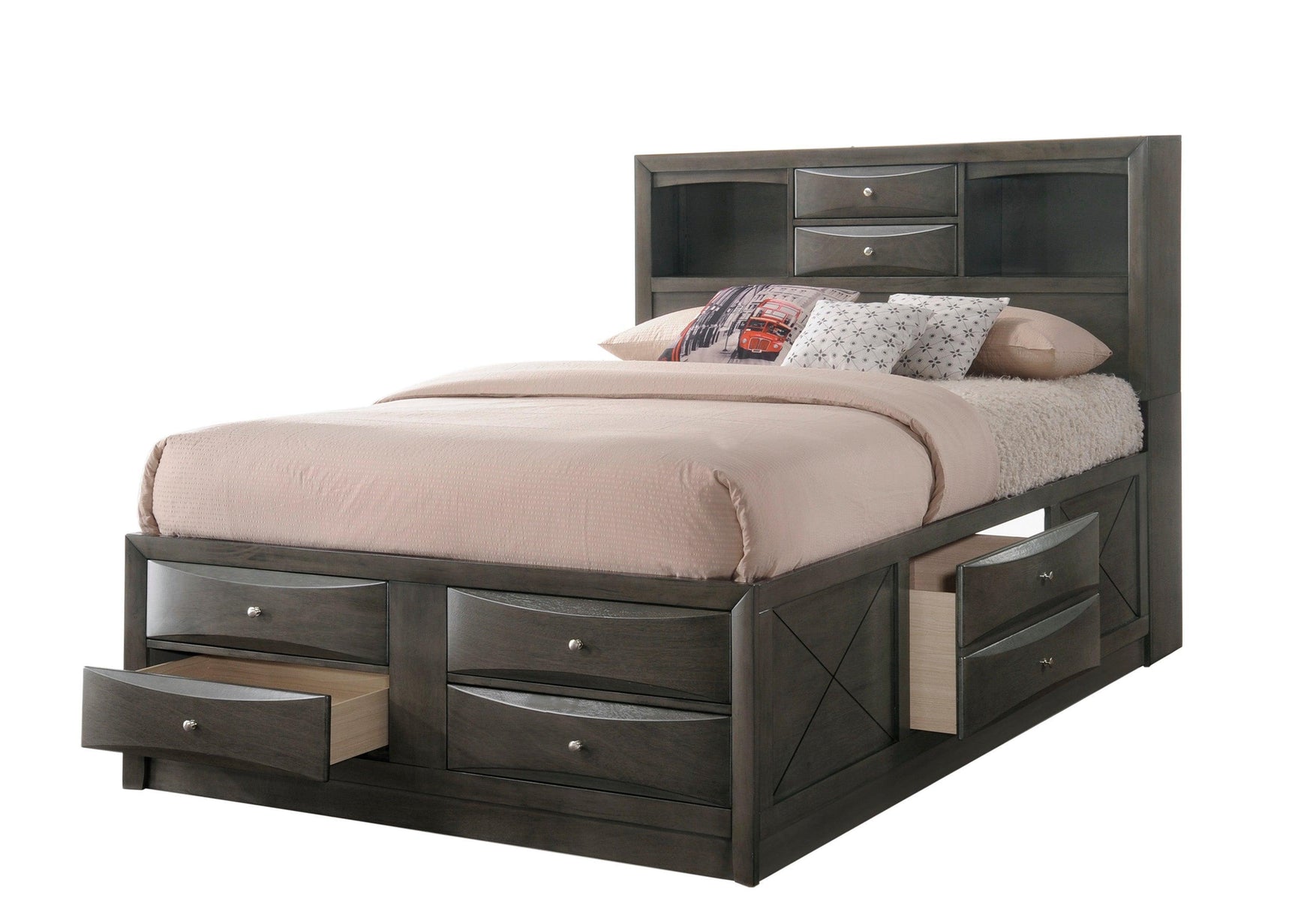 Emily Gray Finish Classic Wood King Bookcase Storage Upholstered Platform Bed - Ella Furniture
