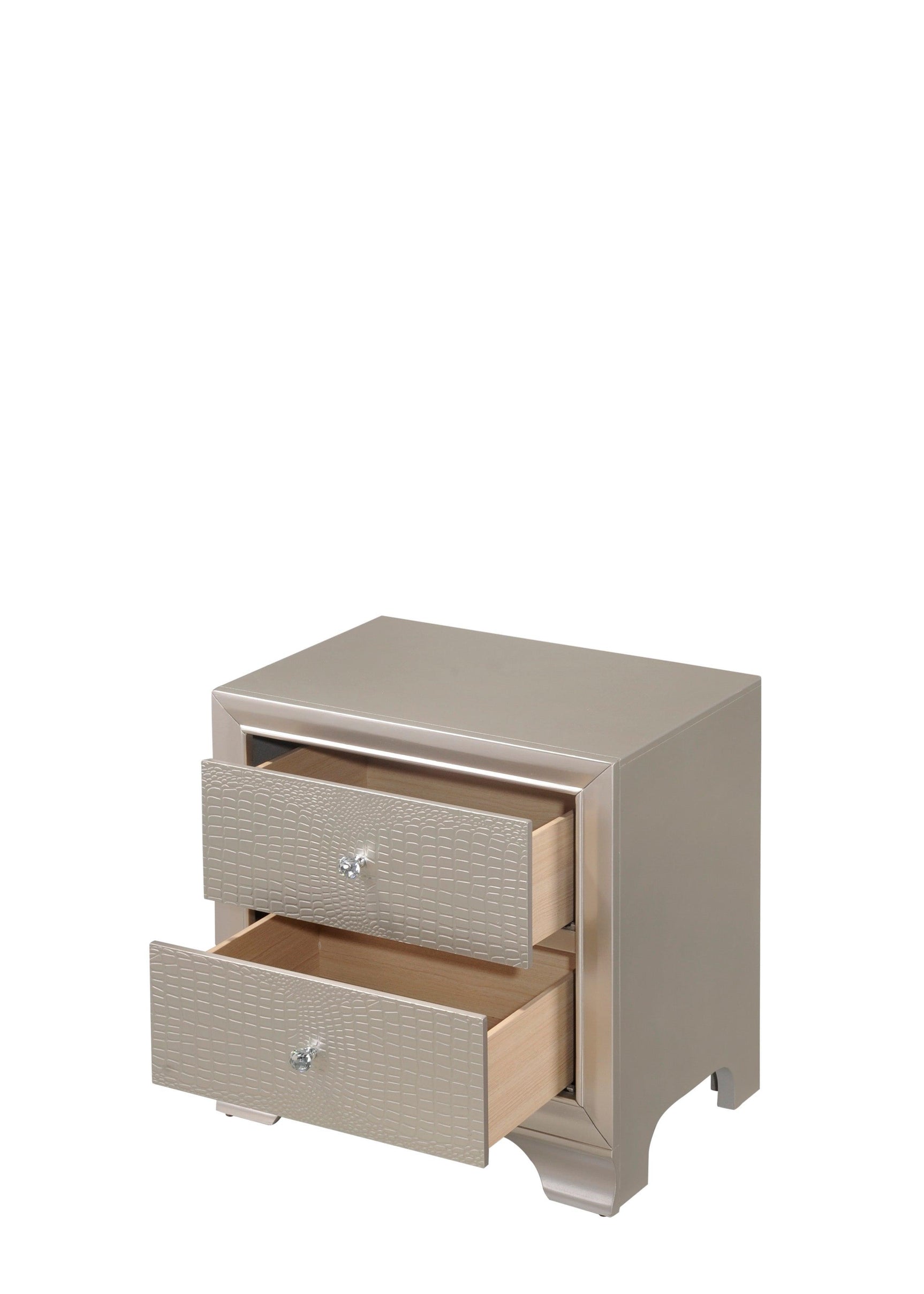 Lyssa Night Stand Champagne, Modern Faux Finish, Metal Drawers Glides - Ella Furniture
