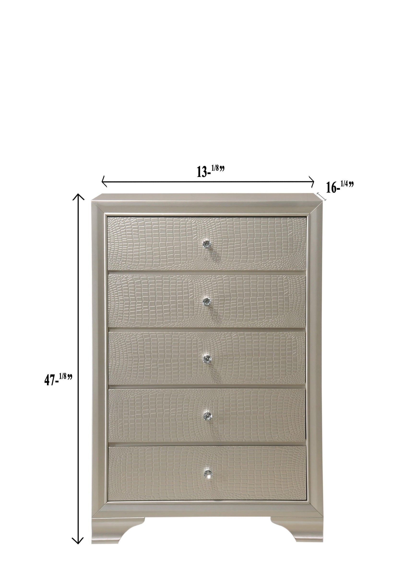 Lyssa Chest Champagne, Modern Faux Finish, Nickel Knob 5 Drawers - Ella Furniture