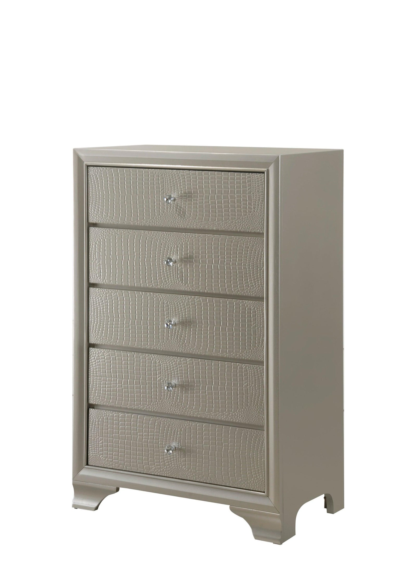 Lyssa Chest Champagne, Modern Faux Finish, Nickel Knob 5 Drawers - Ella Furniture