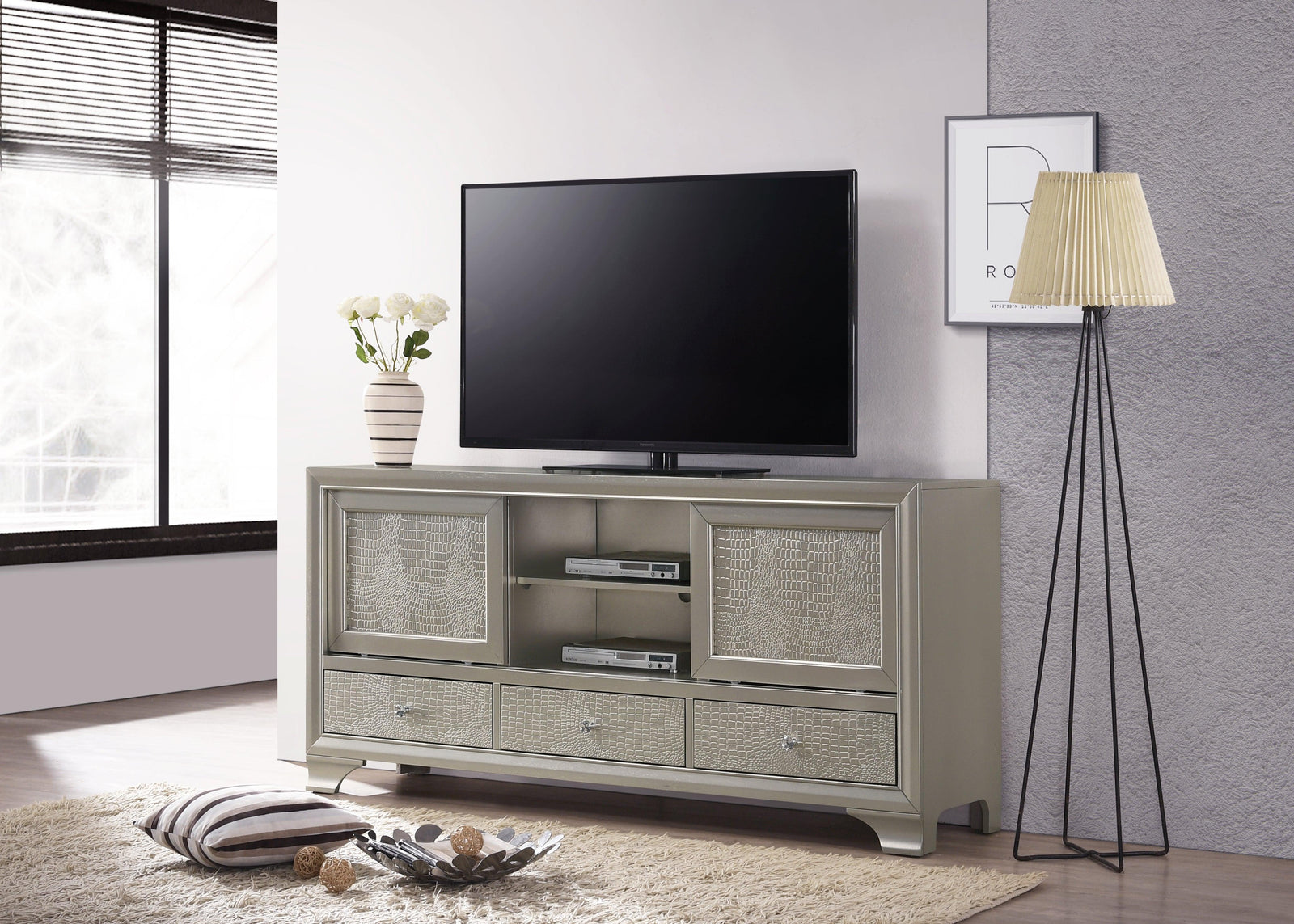 Lyssa Champagne Modern TV Stand, Entertainment Cabinet, Media Console With Champagne Wood Finish And Champagne Wood Legs with Storage Doors for Living Room - Ella Furniture