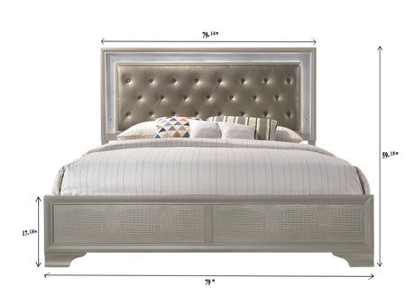 Lyssa Champagne Classic And Modern King LED Faux Leather Upholstered Tufted Panel Bed - Ella Furniture