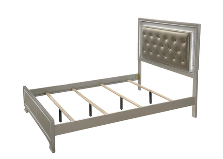 Lyssa Champagne Modern Faux Finish LED Fabric Upholstered Tufted Panel Bedroom Set - Ella Furniture