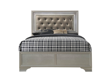 Lyssa Champagne Classic And Modern King LED Faux Leather Upholstered Tufted Panel Bed - Ella Furniture