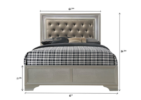 Lyssa Champagne Classic And Modern Queen LED Faux Leather Upholstered Tufted Panel Bed - Ella Furniture