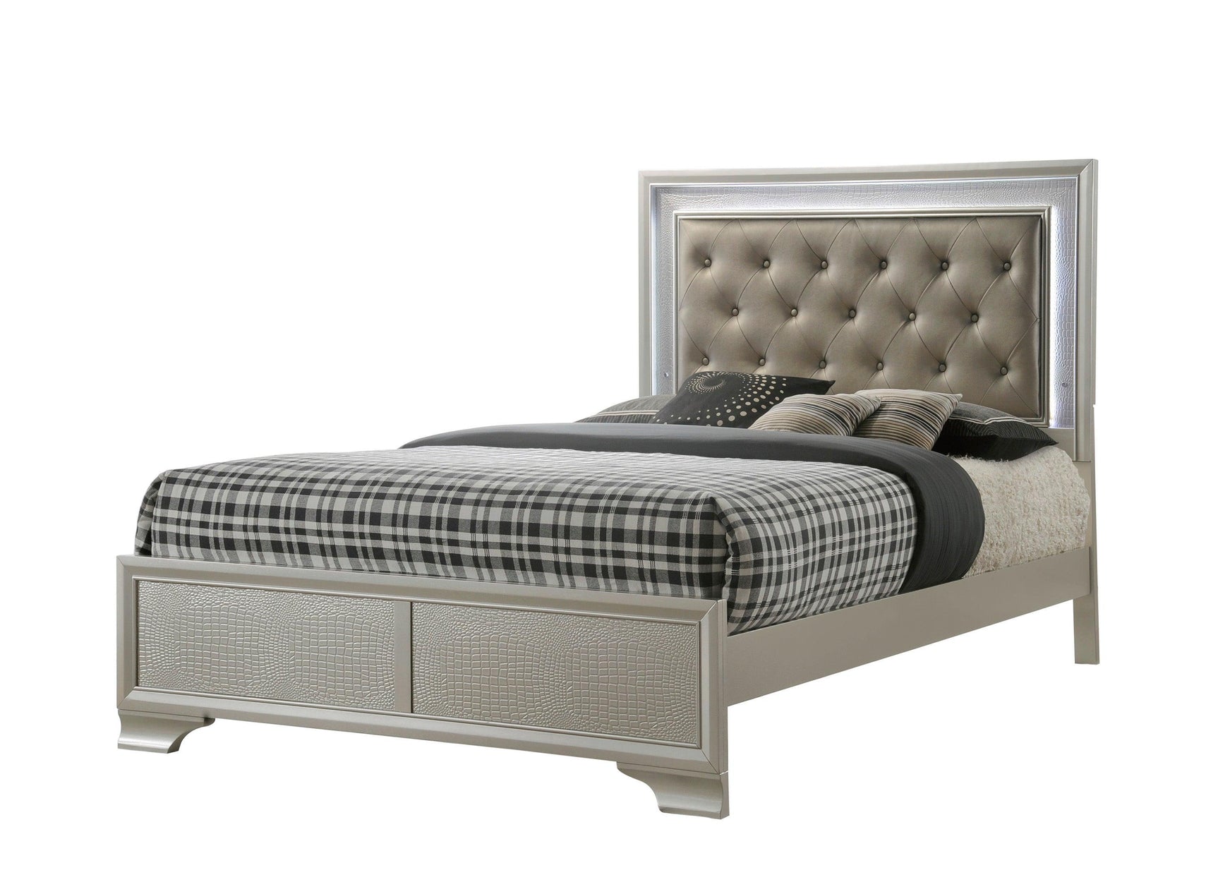 Lyssa Champagne Classic And Modern Full LED Faux Leather Upholstered Tufted Panel Bed - Ella Furniture
