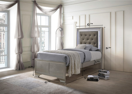 Lyssa Champagne Modern Faux Finish LED Fabric Upholstered Tufted Panel Bedroom Set - Ella Furniture