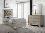 Lyssa Champagne Modern Faux Finish LED Fabric Upholstered Tufted Panel Bedroom Set - Ella Furniture