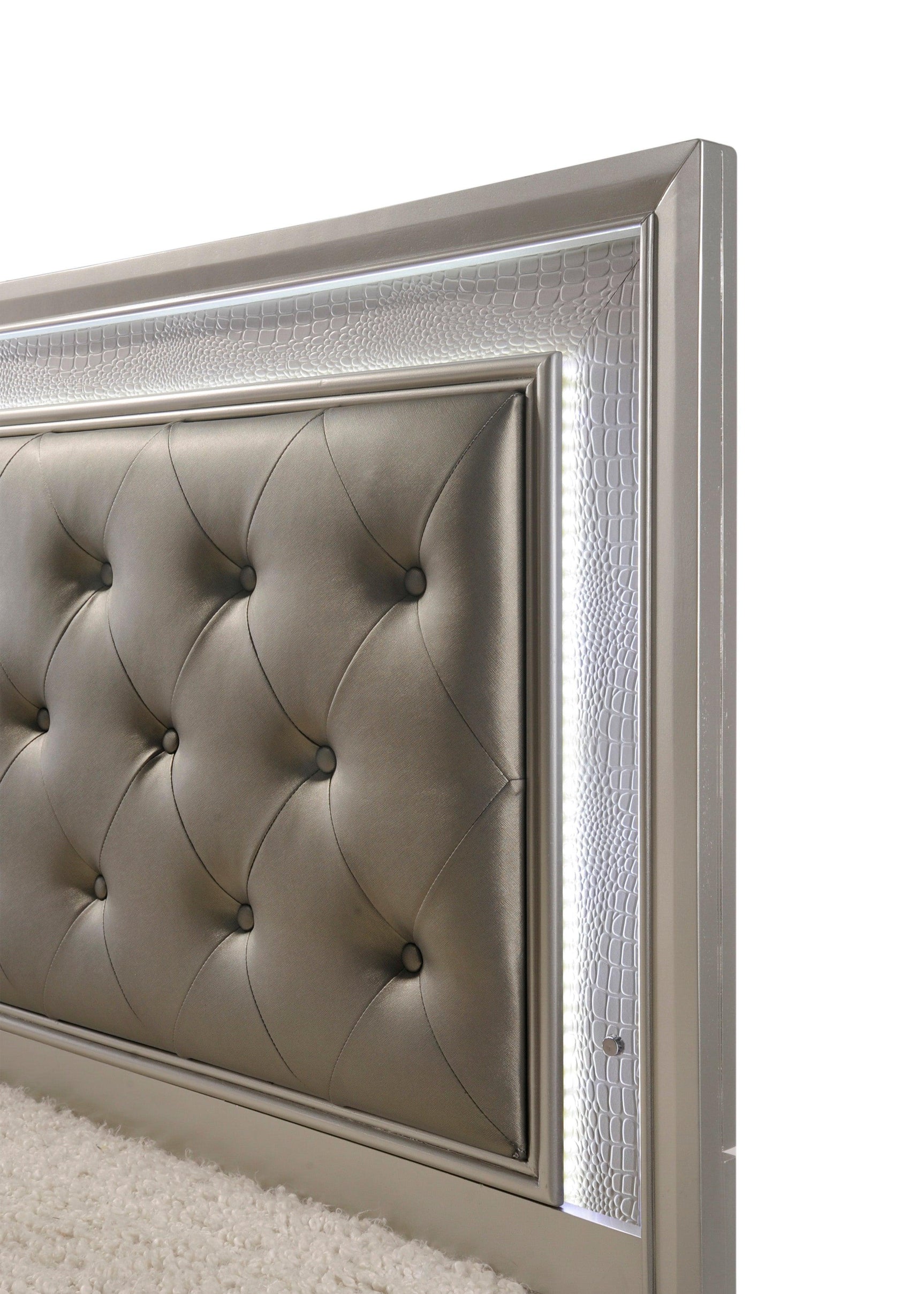 Lyssa Chest Champagne, Modern Faux Finish, Nickel Knob 5 Drawers - Ella Furniture