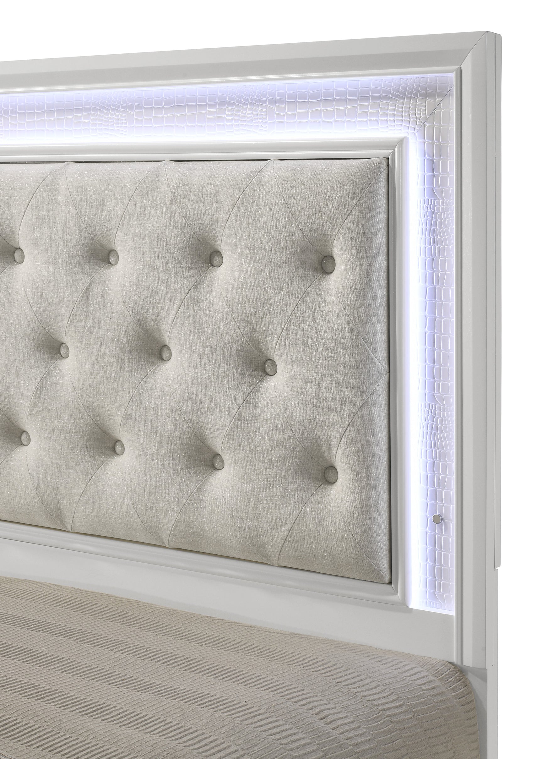Lyssa Oat Frost LED Upholstered Tufted Panel Queen Bed
