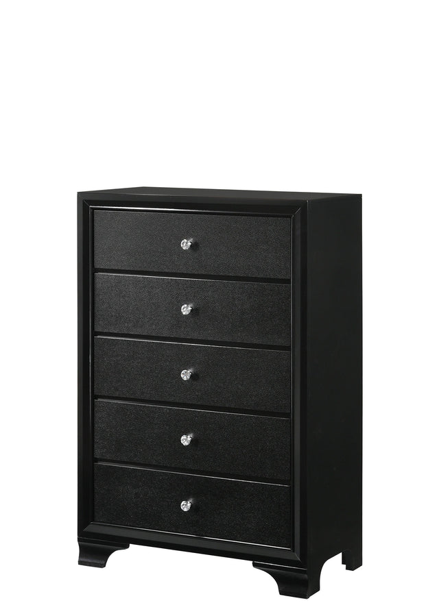 Micah Chest Black, Modern Faux Finish, Nickel Knob 5 Drawers - Ella Furniture