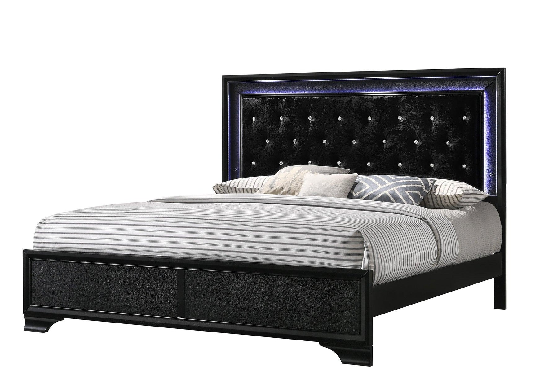 Micah Black Modern, Sleek And Contemporary Wood Queen LED Velvet Upholstered Tufted Panel Bed - Ella Furniture