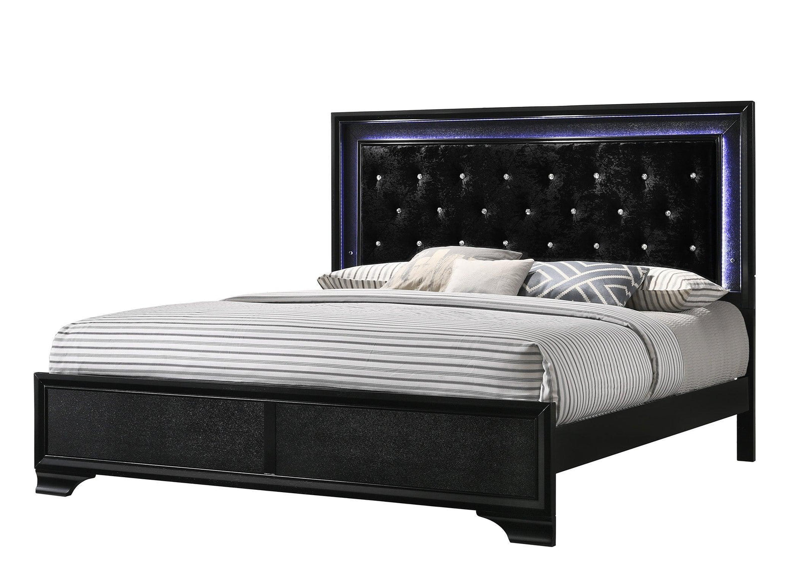 Micah Black Sleek And Modern Contemporary King LED Velvet Upholstered Tufted Panel Bed - Ella Furniture