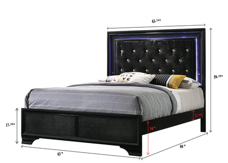 Micah Black Modern, Sleek And Contemporary Wood Queen LED Velvet Upholstered Tufted Panel Bed - Ella Furniture