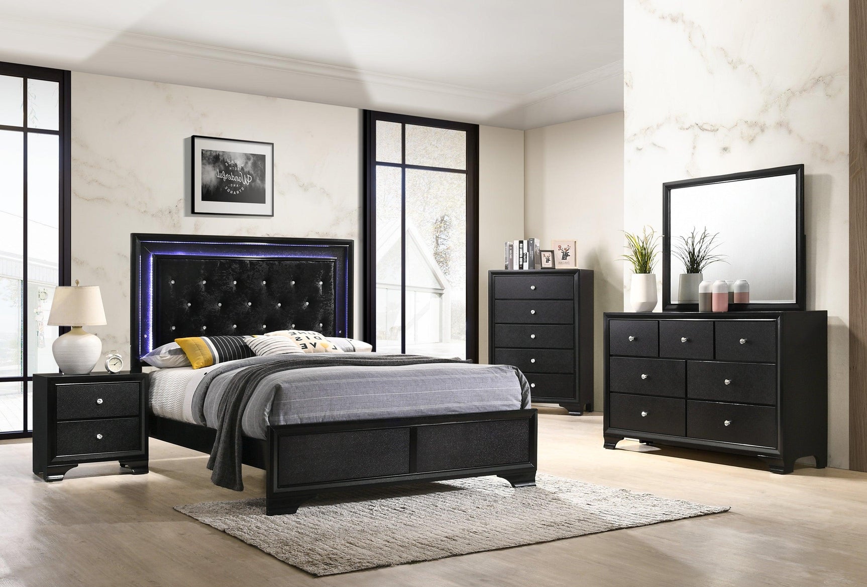Micah Black Modern, Sleek And Contemporary Wood Queen LED Velvet Upholstered Tufted Panel Bed - Ella Furniture