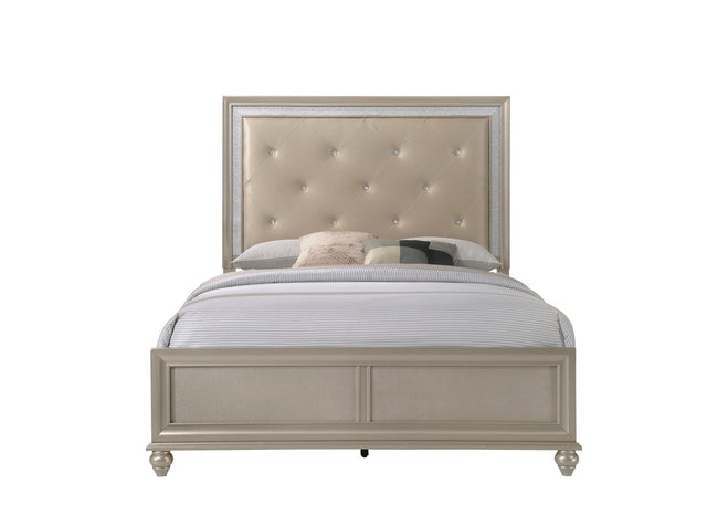 Lila Champagne Modern Metal And Wood Queen Faux Leather Upholstered Tufted Panel Bed - Ella Furniture