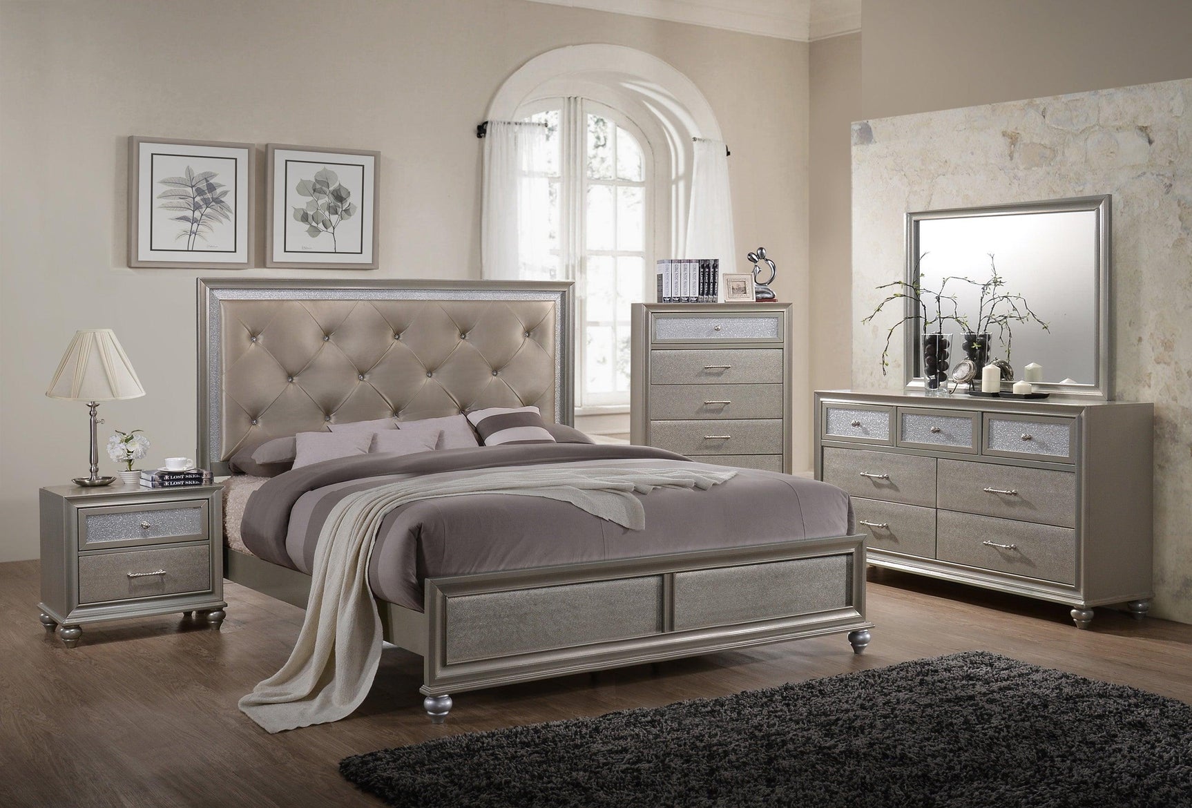 Lila Champagne Modern Faux Leather Upholstered Panel Bedroom Set - Ella Furniture