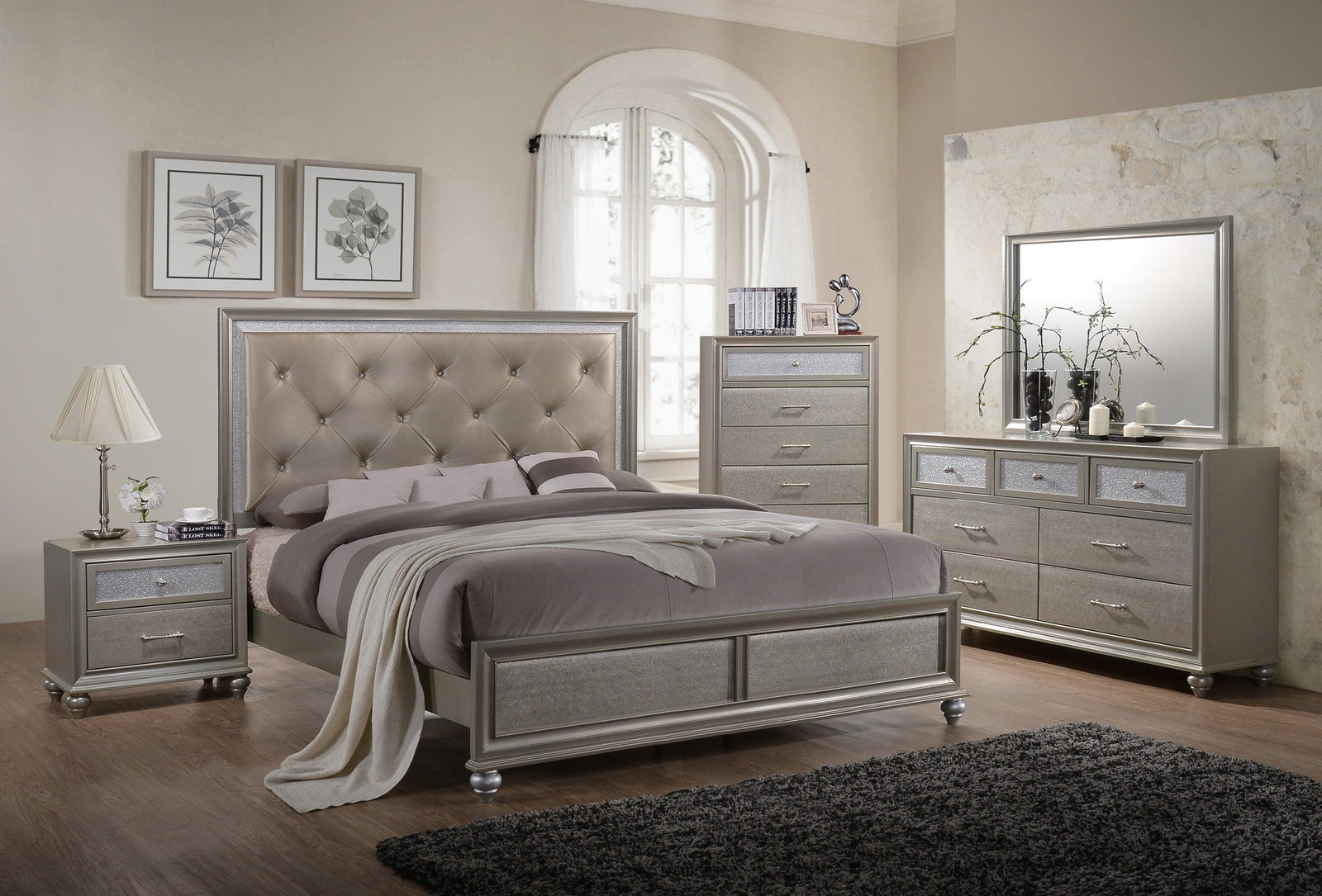 Lila Champagne Modern Faux Leather Upholstered Panel Bedroom Set - Ella Furniture