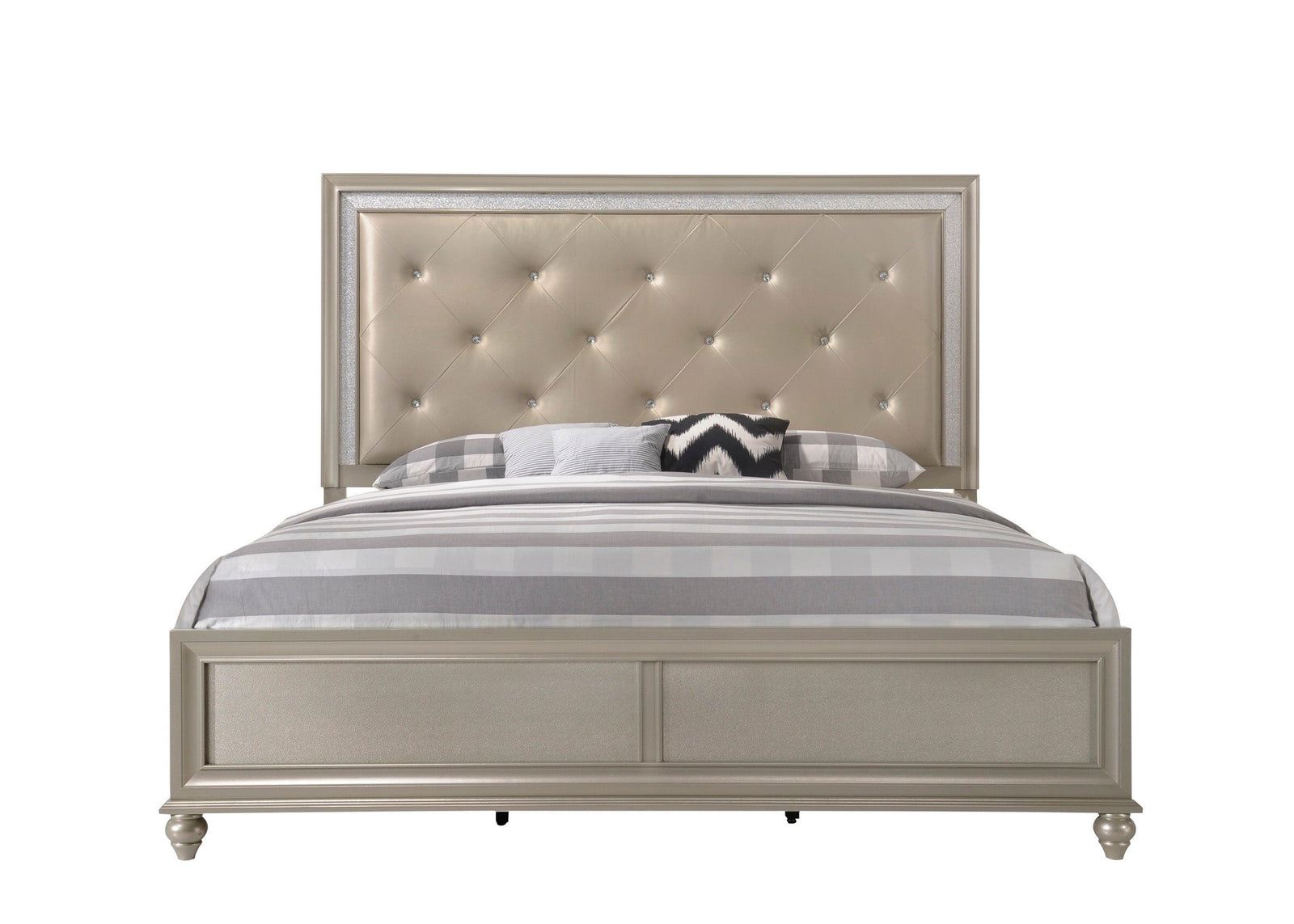 Lila Champagne Modern Metal And Wood King Faux Leather Upholstered Tufted Panel Bed - Ella Furniture