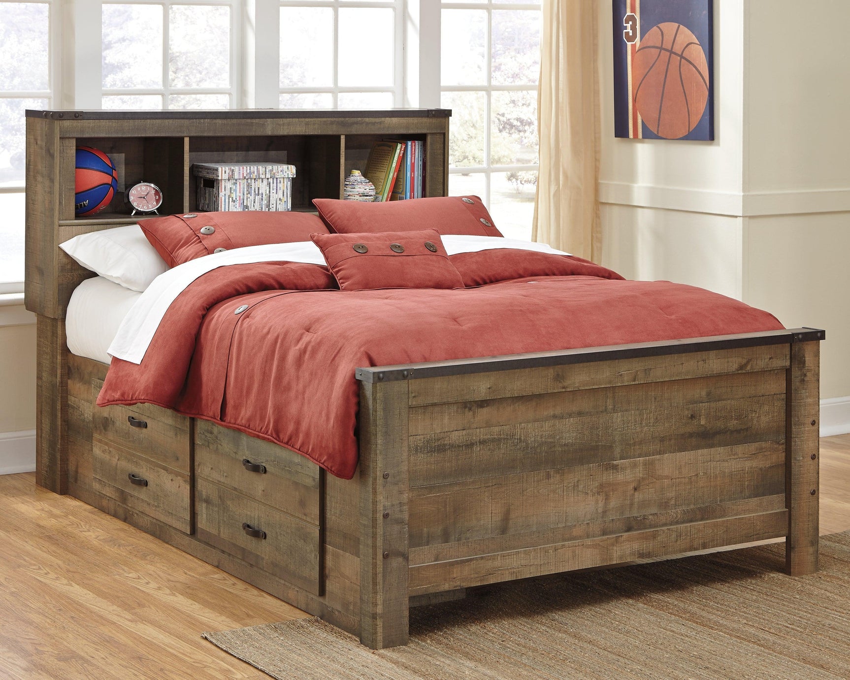 Trinell Brown Full Bookcase Bed With 2 Sided Storage