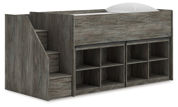 Frandern Warm Gray Twin Loft Bed with Bookcase Storage
