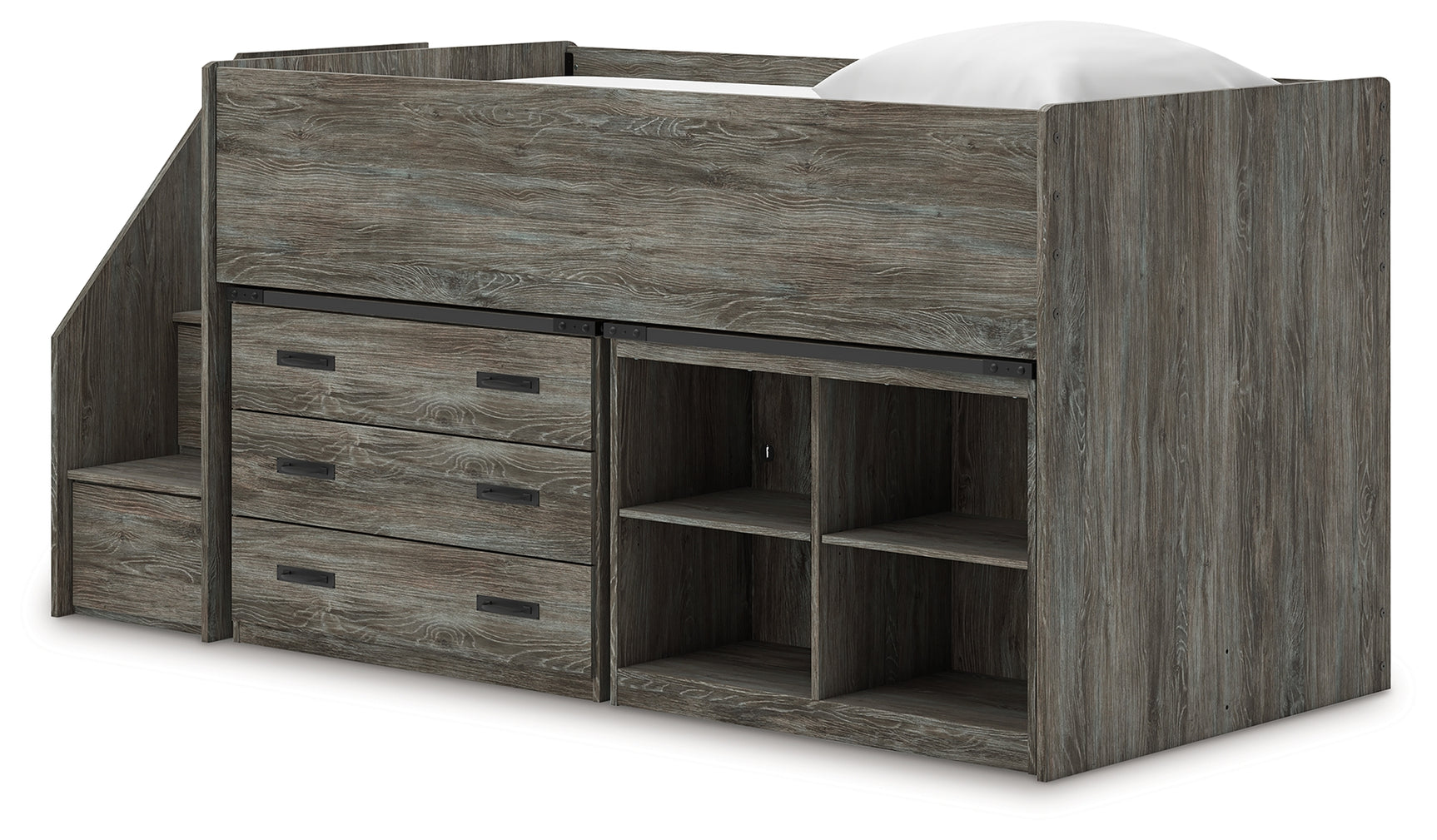 Frandern Gray Twin Loft  Bed with Bookcase and Drawer Storage
