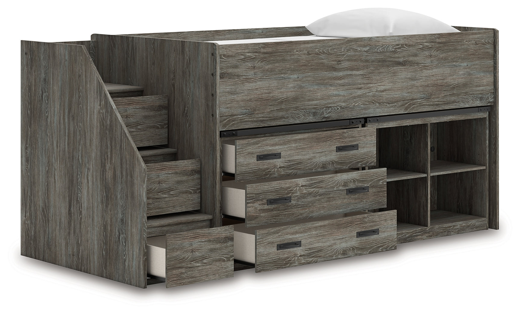 Frandern Gray Twin Loft  Bed with Bookcase and Drawer Storage
