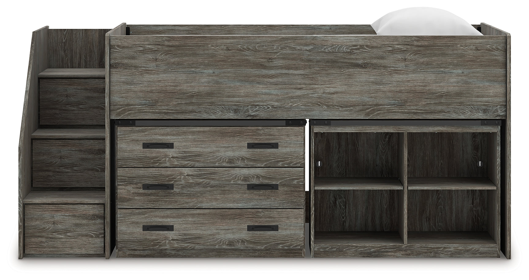 Frandern Gray Twin Loft  Bed with Bookcase and Drawer Storage