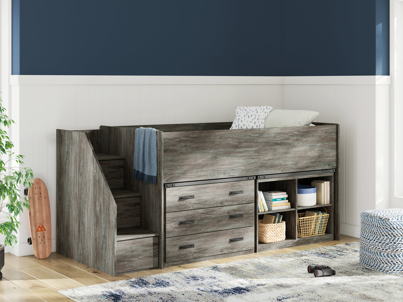 Frandern Gray Twin Loft  Bed with Bookcase and Drawer Storage