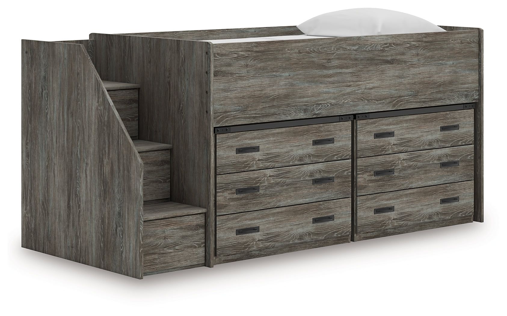 Frandern Warm Gray Twin Loft Bed with Drawer Storage