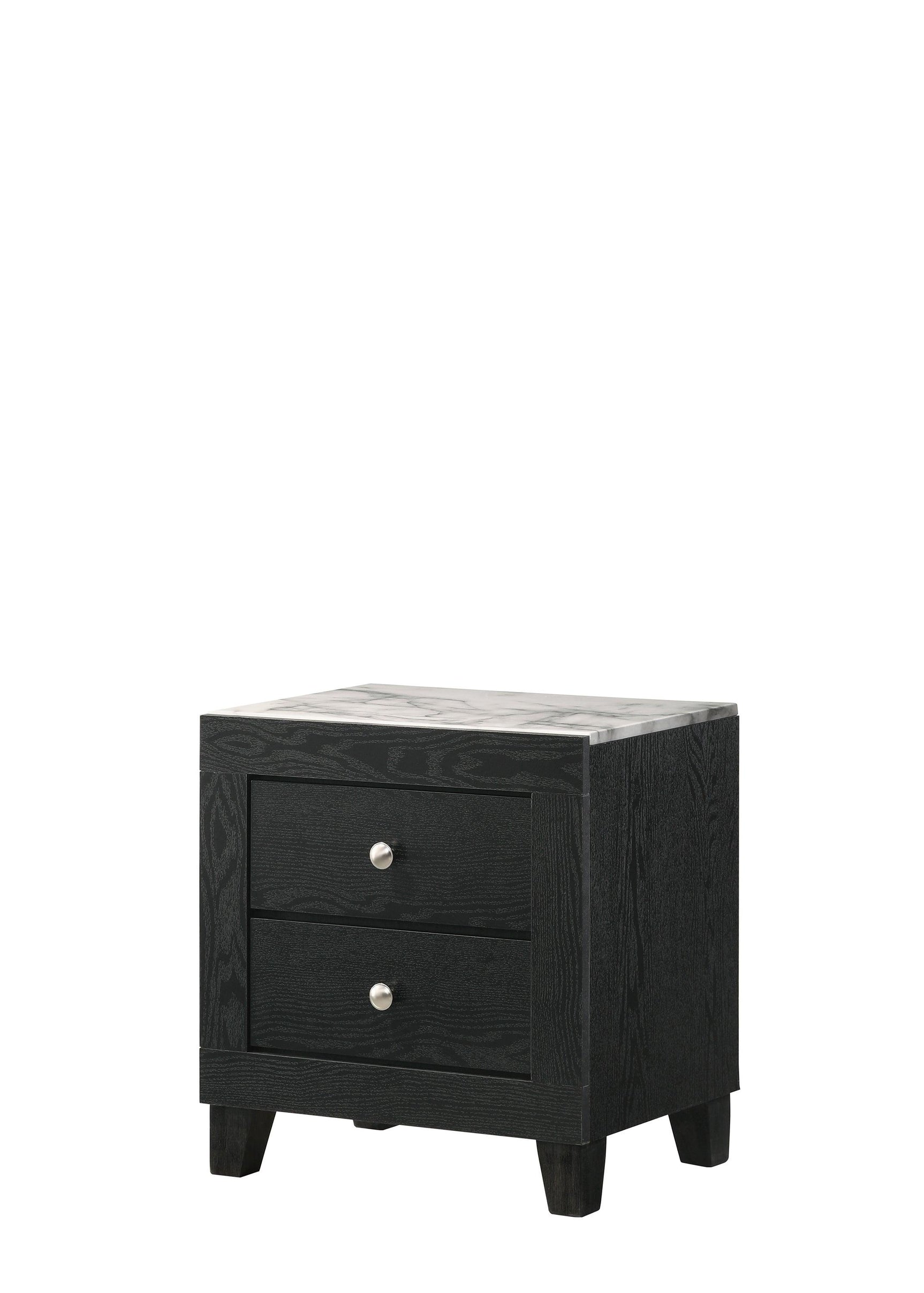 Cadence Night Stand Black, Modern And Sleek Wood, Nickel Knob 2 Drawers - Ella Furniture