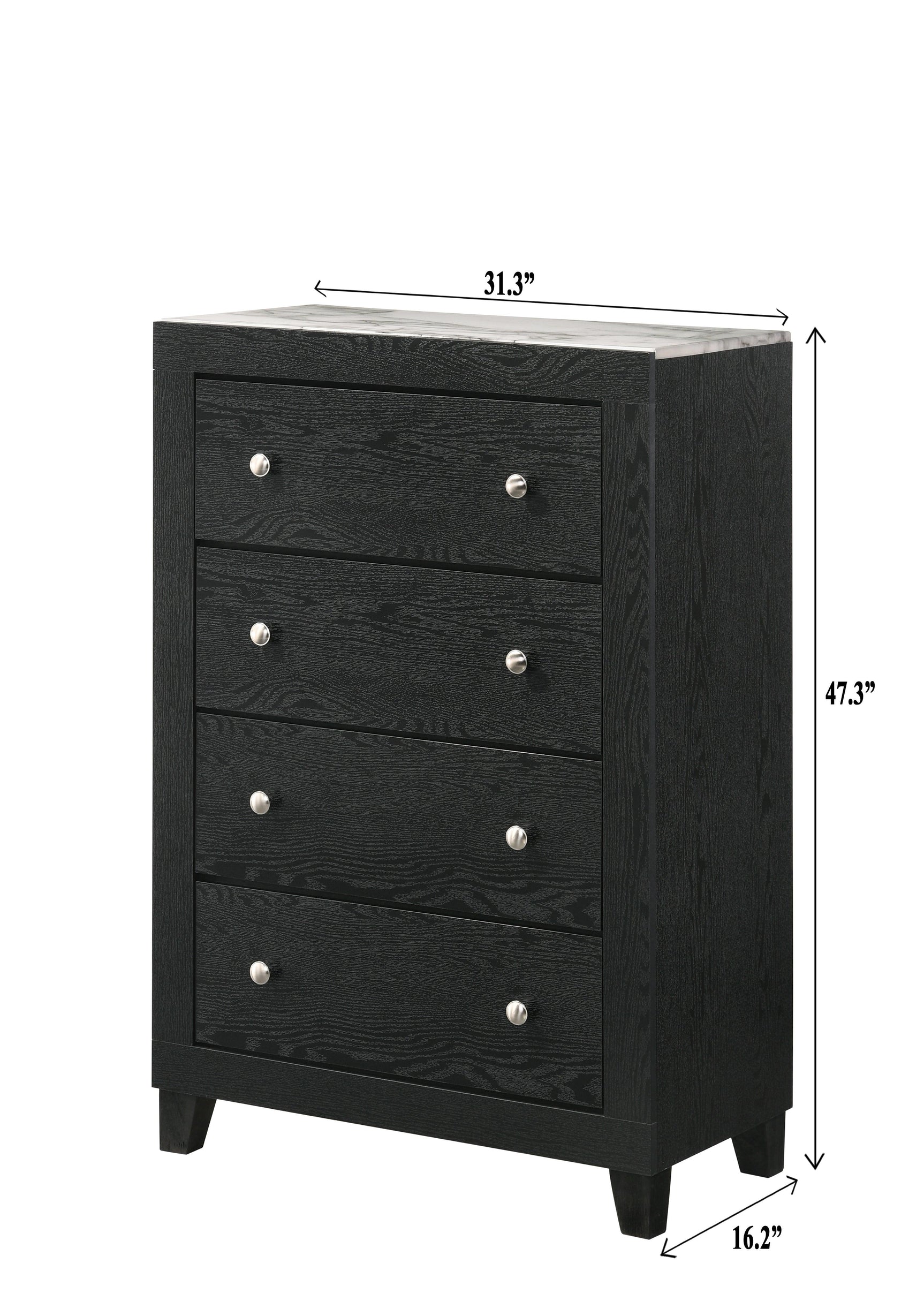 Cadence Chest Black, Modern And Sleek Wood, Nickel Knob 4 Drawers - Ella Furniture