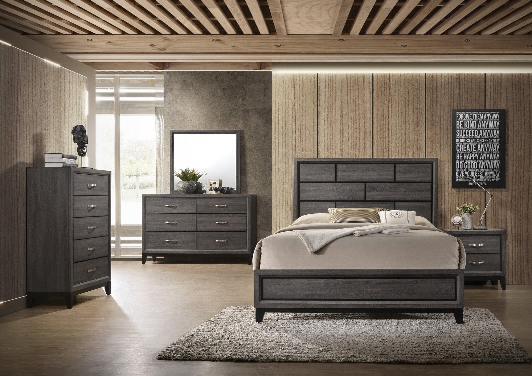 Akerson Gray Finish Wood Modern Rustic And Charm Panel Bedroom Set - Ella Furniture