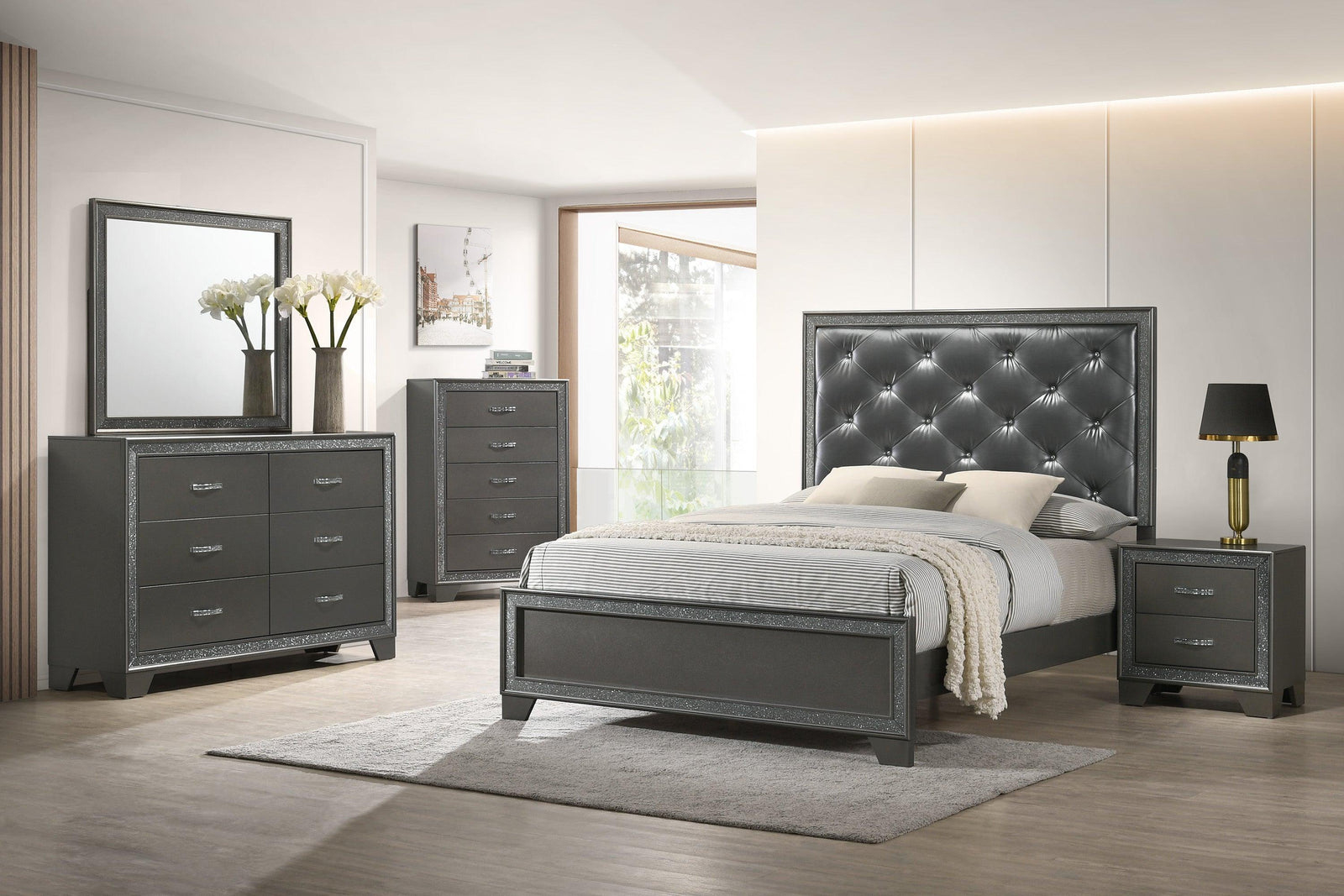 Kaia Dark-Gray Finish Contemporary Sturdy Mahogany Wood Faux Leather Upholstered Tufted Panel Bedroom Set - Ella Furniture