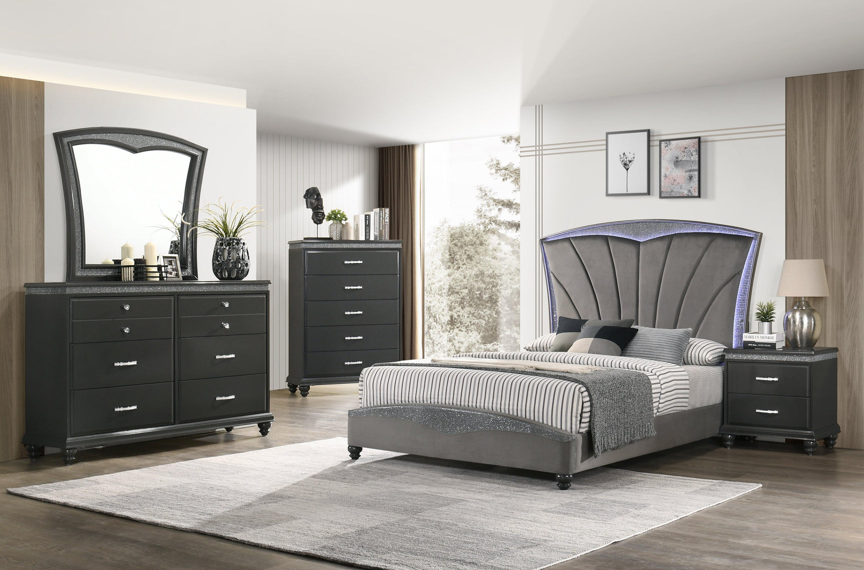Frampton Gray Exquisite And Modern LED Fabric Upholstered Panel Bedroom Set - Ella Furniture