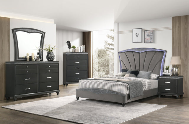 Frampton Gray Exquisite And Modern LED Fabric Upholstered Panel Bedroom Set - Ella Furniture