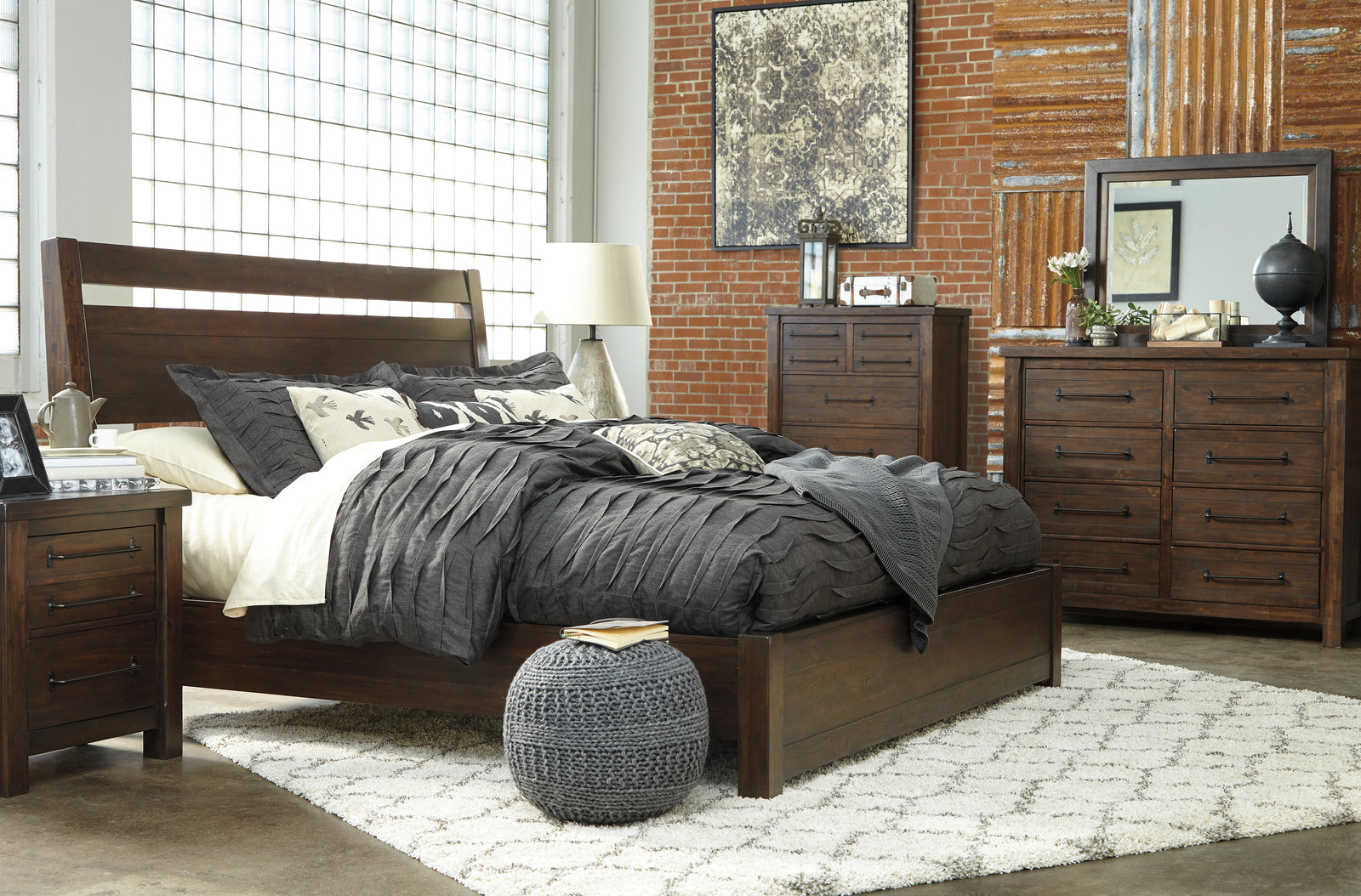 Starmore Brown King Panel Bed With Mirrored Dresser, Chest And Nightstand - Ella Furniture