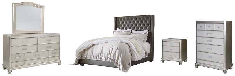 Coralayne Gray Upholstered Tufted Curved Mirror Bedroom Set