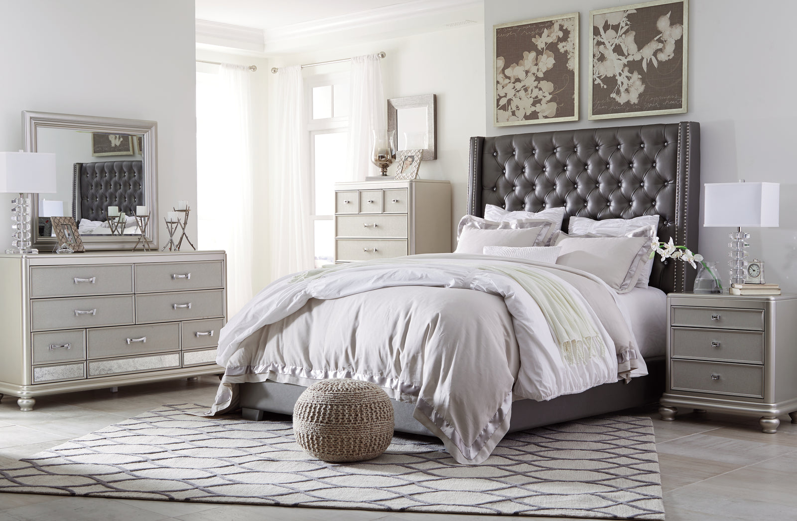 Coralayne Gray Queen Upholstered Bed With Mirrored Dresser - Ella Furniture