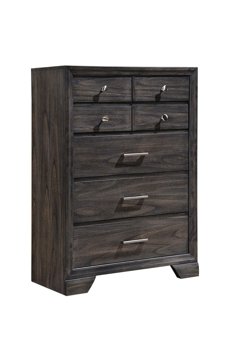 Jaymes Chest Gray, Contemporary Modern Wood, Kenlin Metal And Nickel 5 Drawers - Ella Furniture