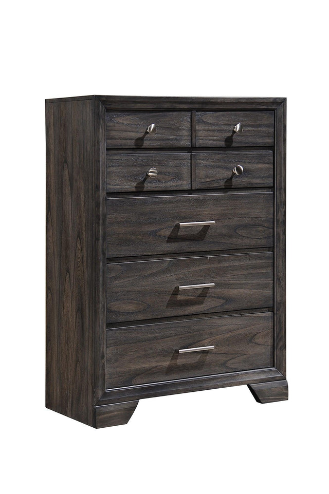 Jaymes Chest Gray, Contemporary Modern Wood, Kenlin Metal And Nickel 5 Drawers - Ella Furniture