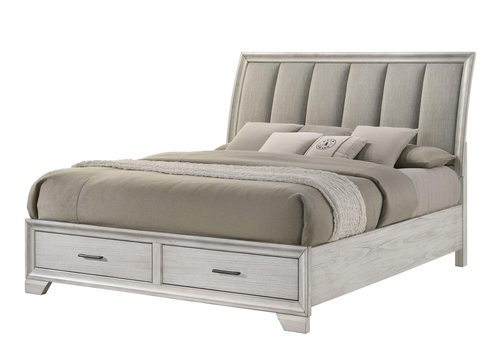 Jaymes White Fabric Upholstered Storage Platform Sleigh King Bed