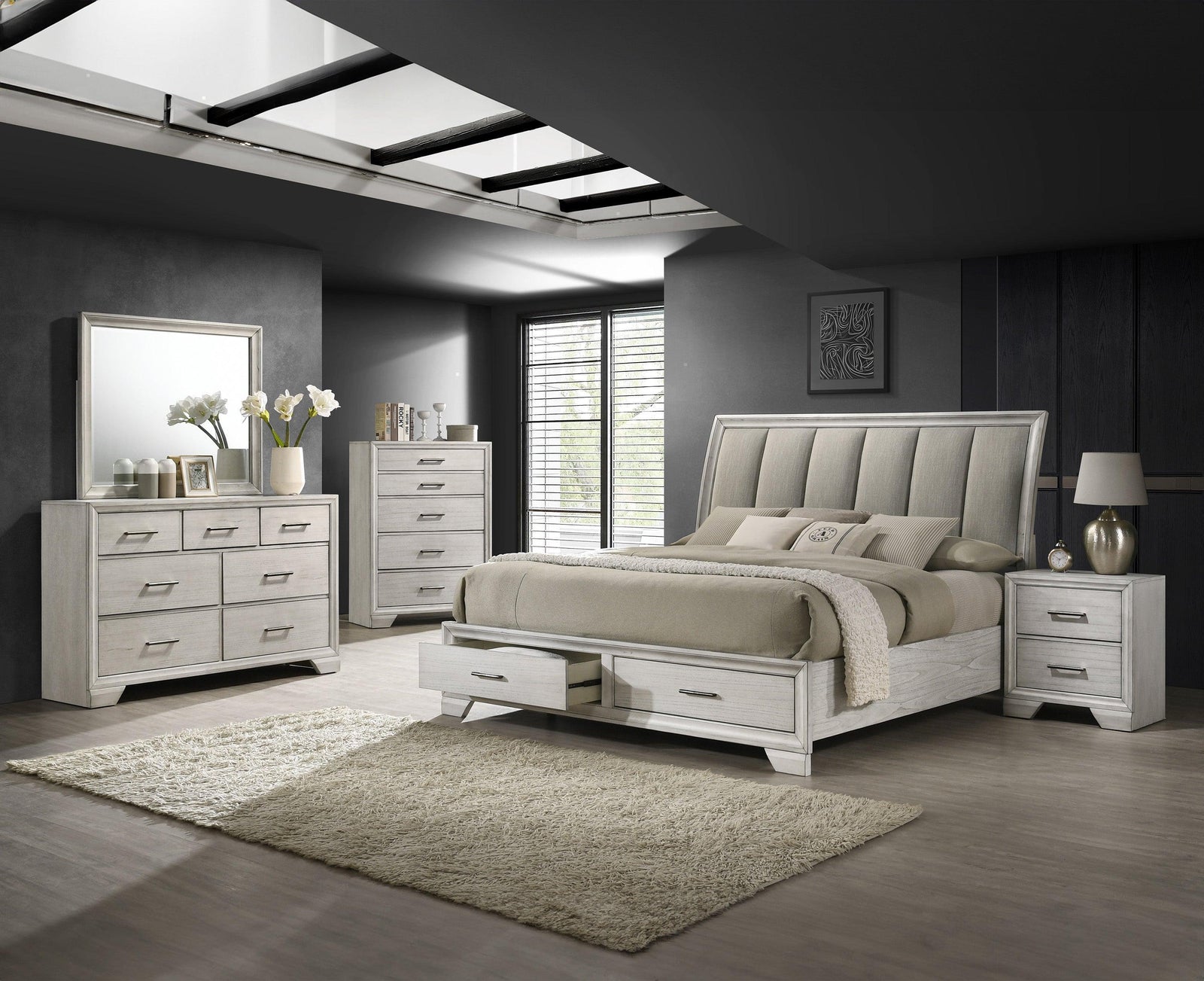 Jaymes White Fabric Upholstered Storage Platform Sleigh Bedroom Set