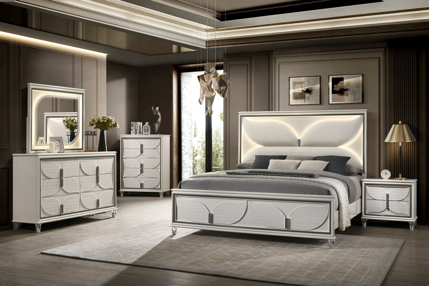 Hayma White Upholstered LED Panel Bedroom Set