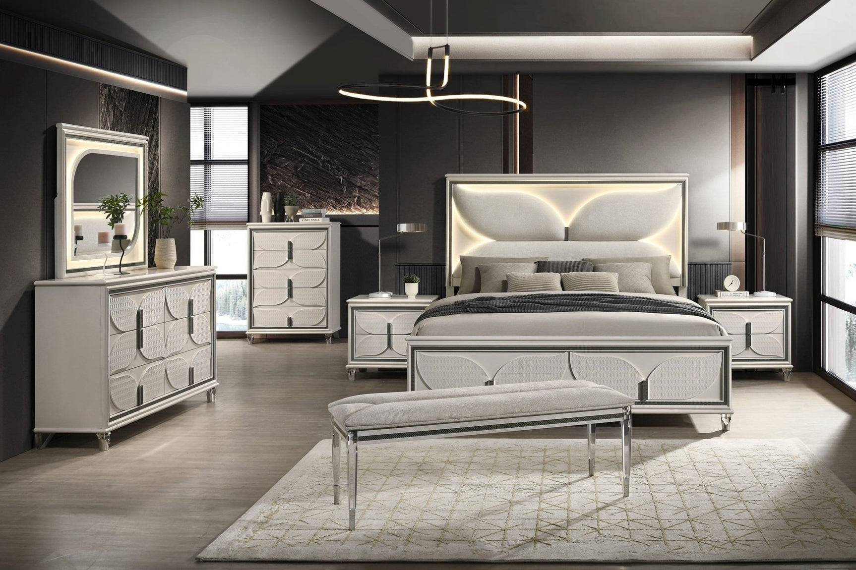 Hayma White Upholstered LED Panel Bedroom Set