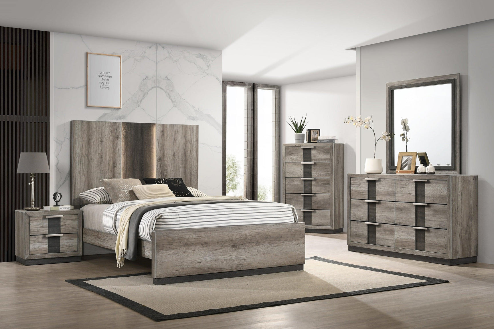 Rangley Light-Brown Contemporary Modern Wood Queen Panel Bed - Ella Furniture