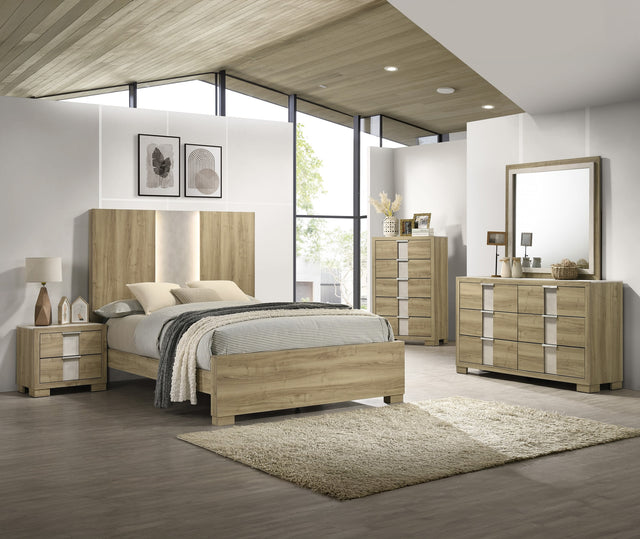 Rangley Driftwood LED Panel Queen Bed room view by Crownmark | Ella Furniture