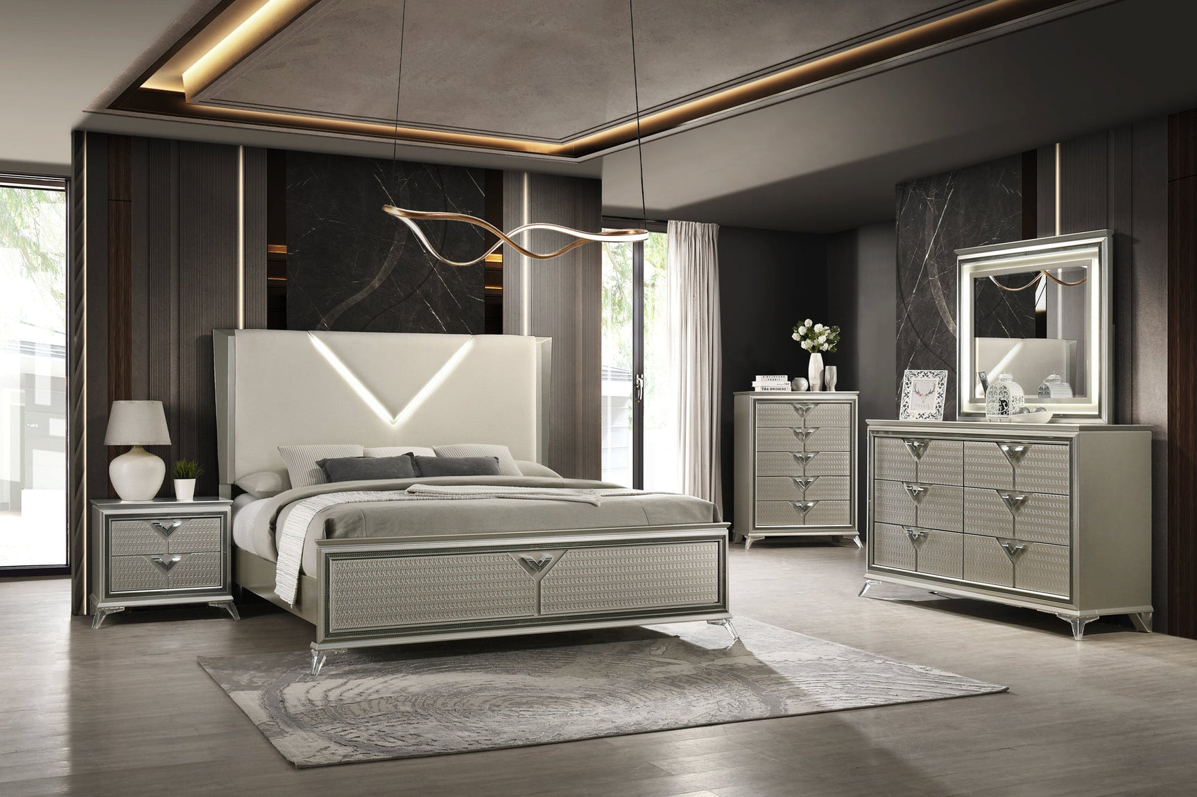 Larana Champagne Upholstered LED Panel Bedroom Set