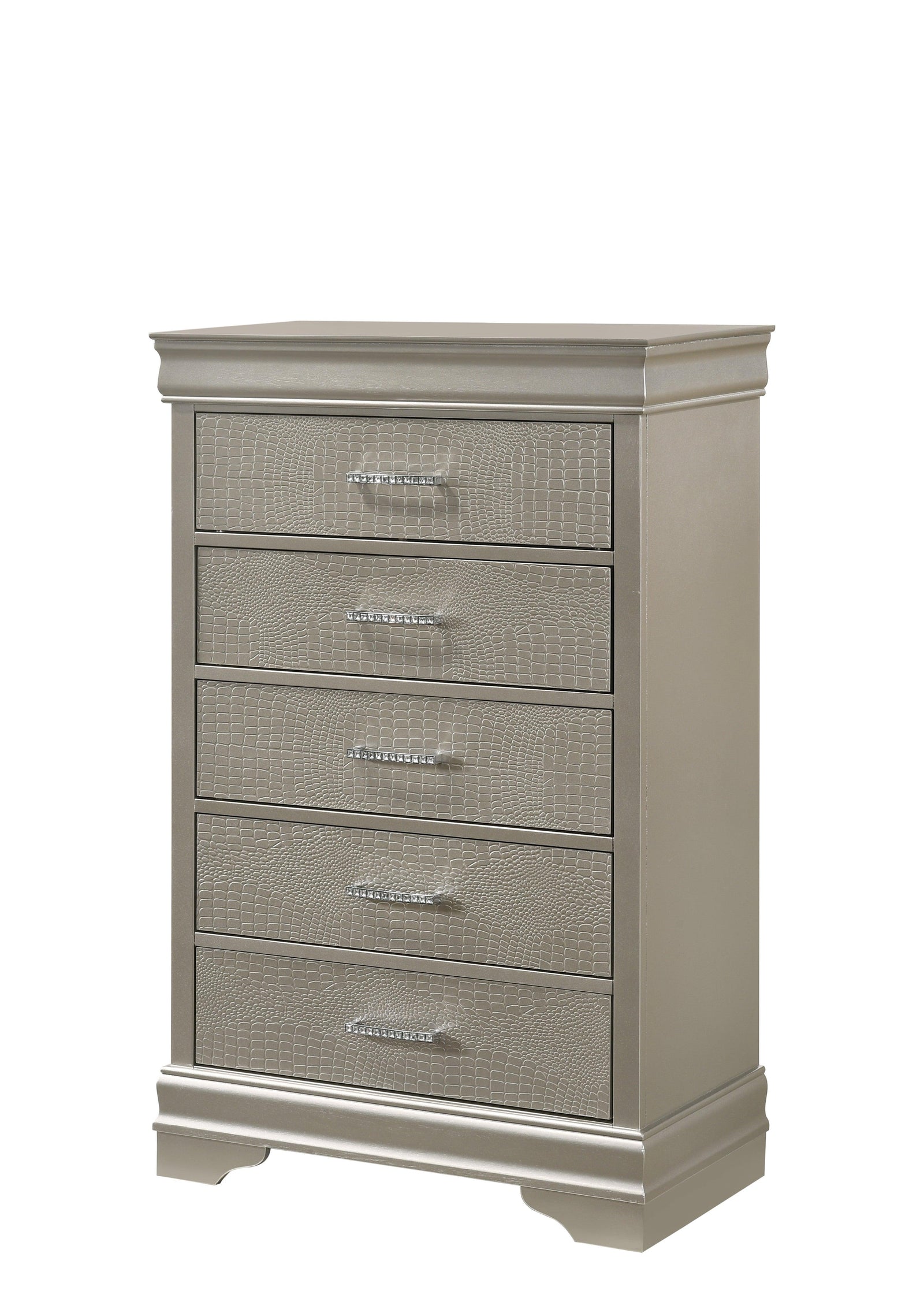 Amalia Chest Silver, Modern Veneers And Wood, Crystal 5 Drawers - Ella Furniture